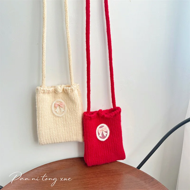 

Korean Style Knitted Crossbody Bag Crochet Bow Mini Purse Cute Mobile Phone Bag for Girls Ladies Sling Women Small Shoulder Bag