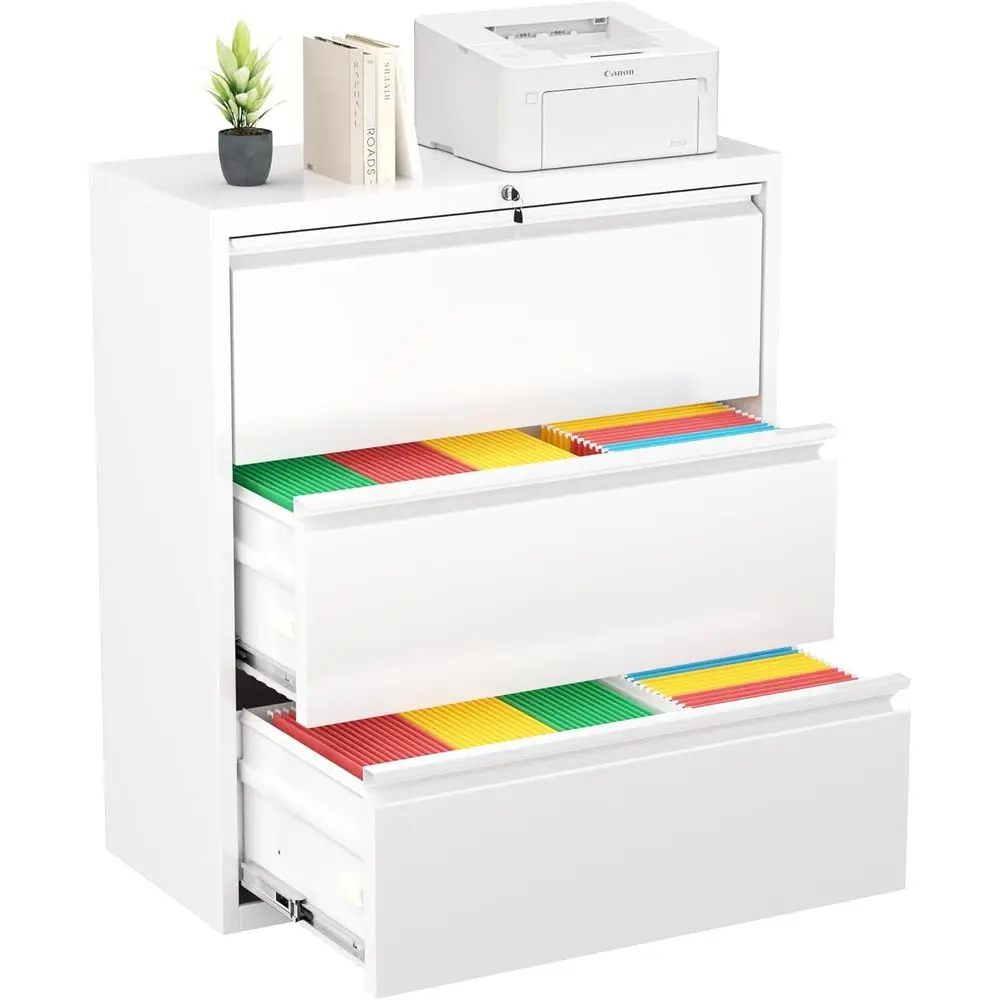 

White Metal Lateral File Cabinet with Lock, Suitable for Home or Office, Holds Letter/Legal/A4 Files, Easy to Assemble