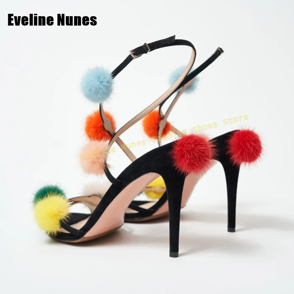 Suede Multicolor Pom Pom High Heel Sandals Women's Black Open Toe Stiletto Heel Ankle Strap Heels for Summer Beach Party 2026 view 5