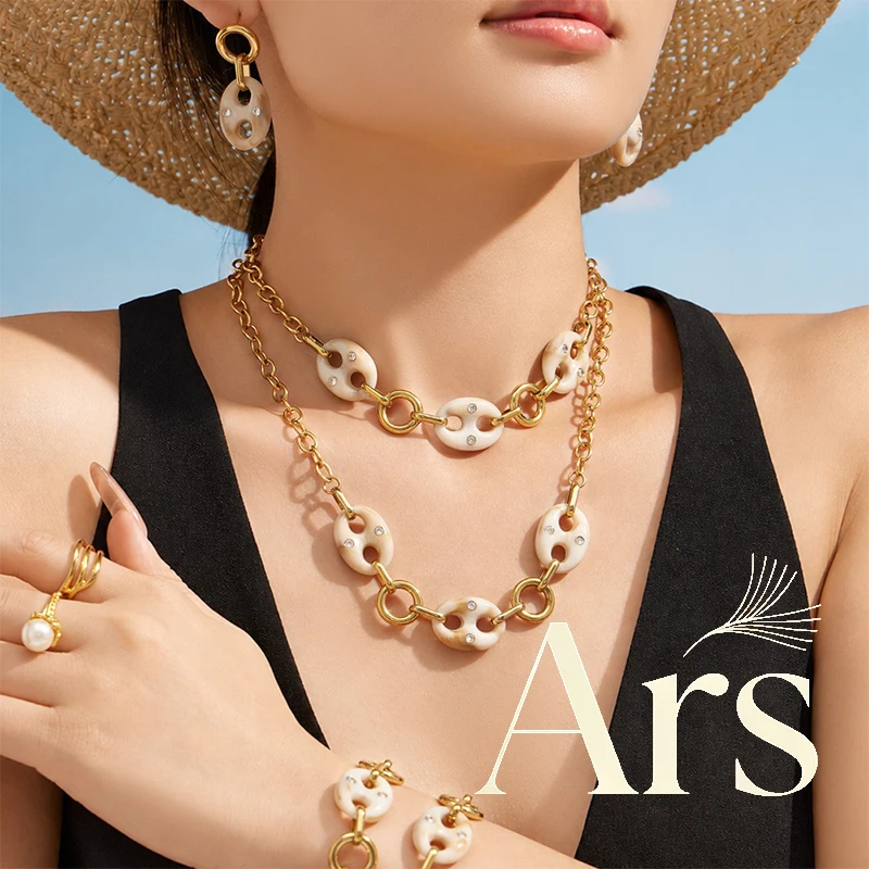 Ars 18K Gold Plated Stainless Steel Mariner Link Jewelry Set Resin Pig Nose Necklace Earrings Bracelet Women Statement Jewelry