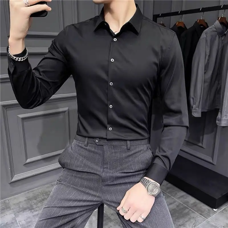 Spring and Autumn Solid Color Gray Shirt Men's Long Sleeve Korean Style Slim Professional Business Formal Shirt Work Gray Shirt
