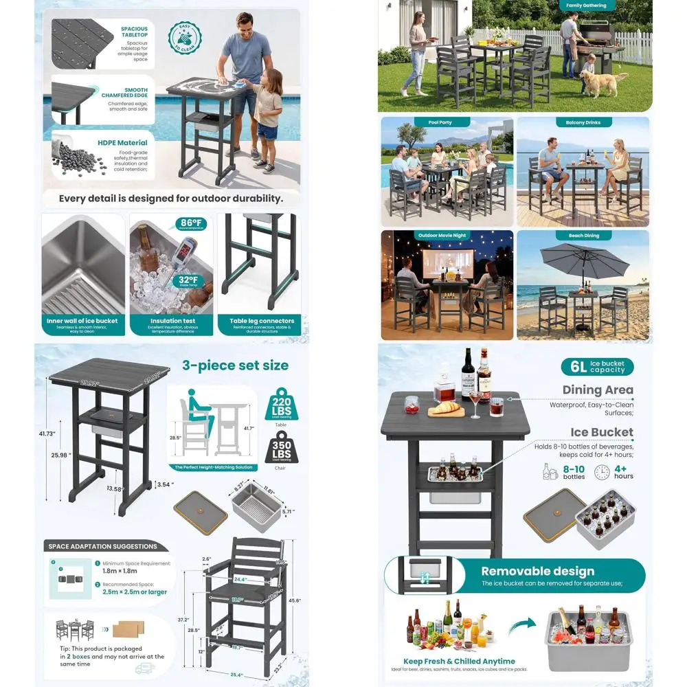 Grey Outdoor Bar Height Adirondack Chair Table Set