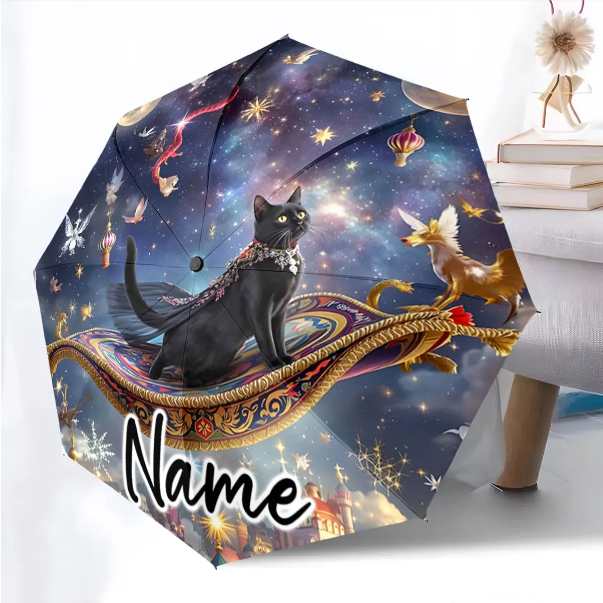 Custom Name Umbrella Mystical Cat Journey on a Magical Umbrella Print 8 Iron Ribs Folding Umbrella Auto-Open Fashion Sunshade