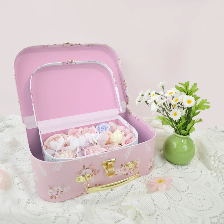 

2Pcs Gift Boxes Pink Vintage Flowers Floral Pattern Suitcase Shaped Nesting Boxes Ideal for Birthday Wedding Party Favors