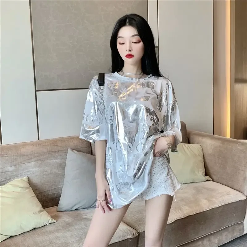 

Glitter Female Top Baggy Women's T-shirt Aesthetic Clothing Y2k Fashion Korea Cheap Clothes Sale Kpop with Sleeves Elegant Emo