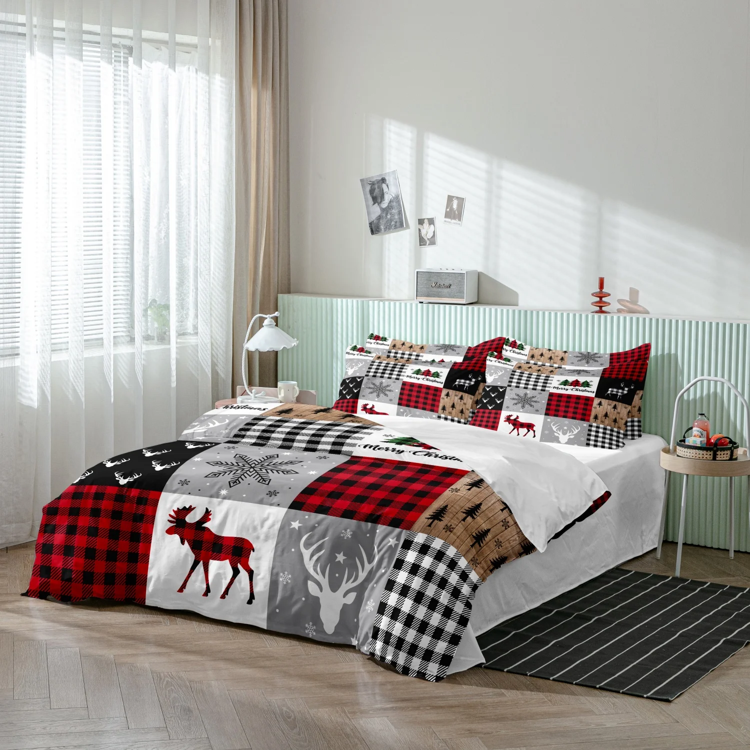 3Pcs Rustic Cabin‑Style Christmas Print Duvet Cover Set, Grid Buffalo Plaid Moose Deer Antler Snowflake Pine Tree Print Bedding