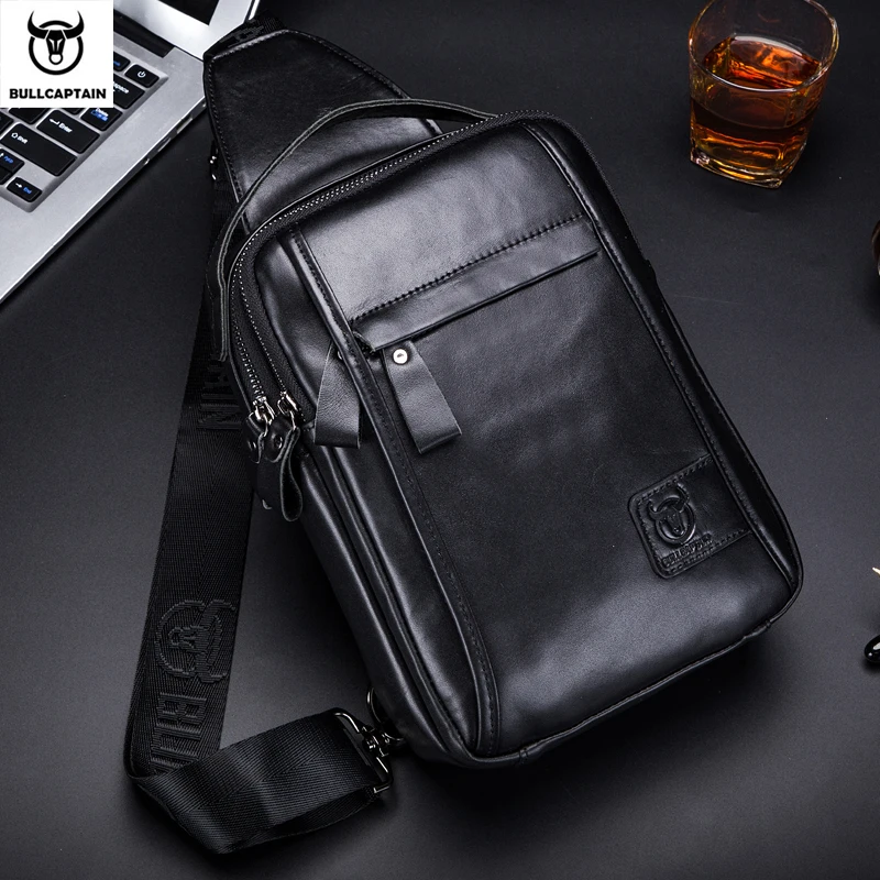 Men\'s Genuine Leather Chest Bag Business Casual Crossbody Bag BULLCAPTAIN Multifunctional 7.9-inch Tablet Bag