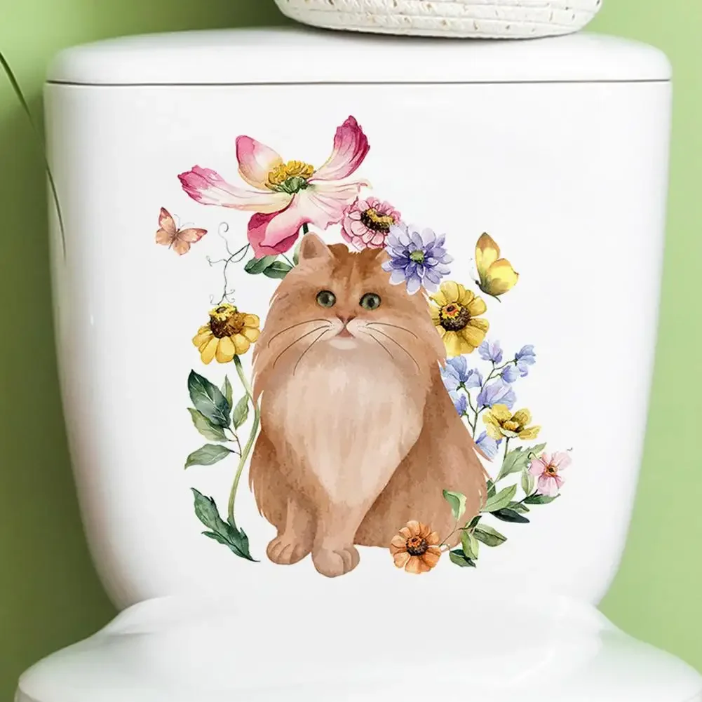 Cat Flower Butterflies Sticker Whimsical Cat Flower Butterflies Toilet Sticker Removable Waterproof Pvc Wall Art for Room