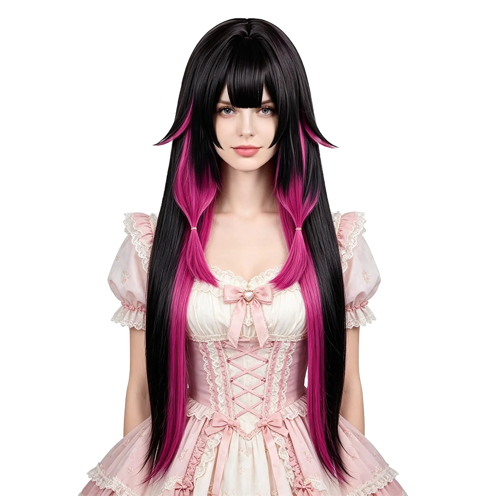 Columbina Cosplay Wig 110cm Long Straight Black Pink Gradient Heat Resistant Synthetic Hair For Women Halloween Party Costume