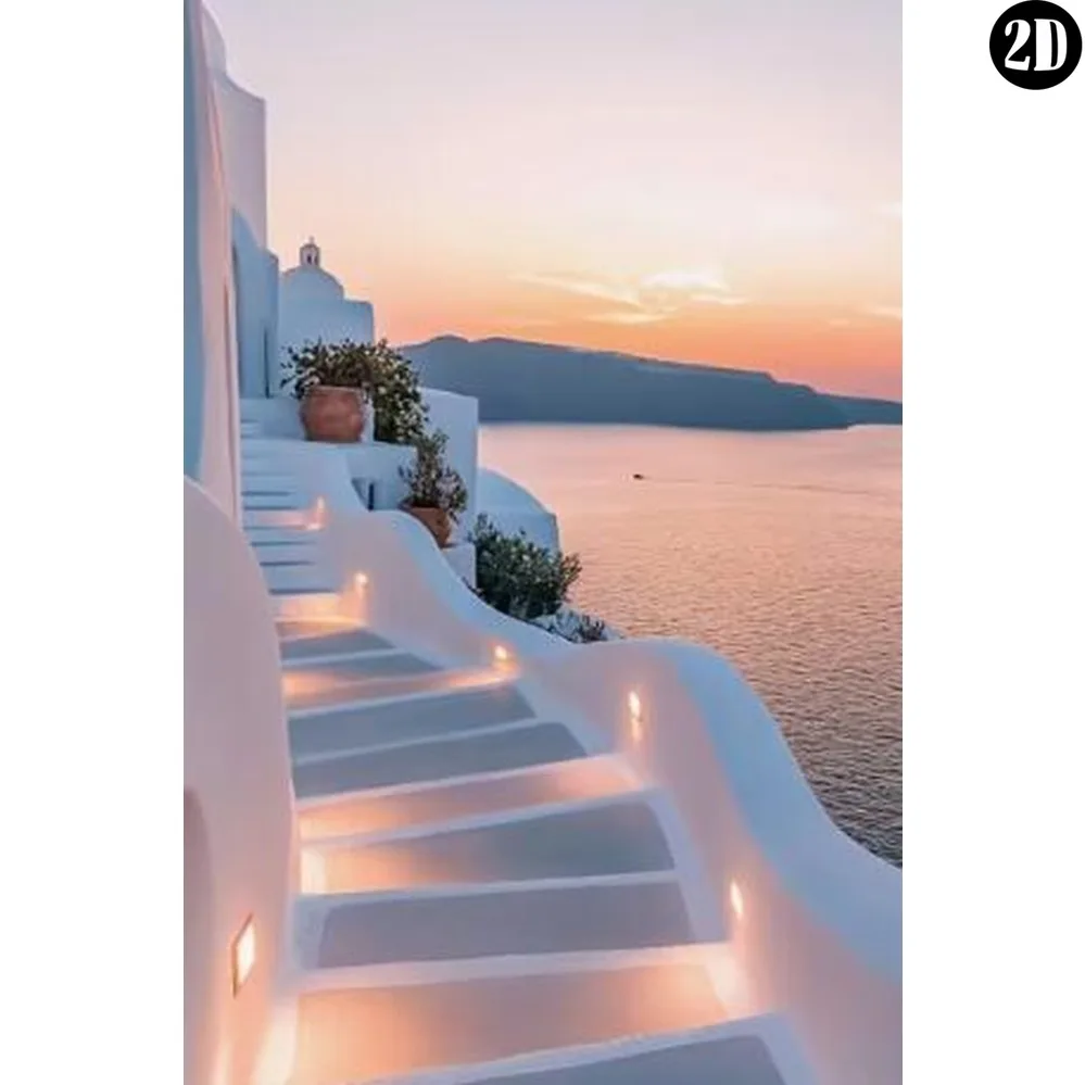 Vintage Metal Tin Sign, Santorini White Steps Sunset Sea View Wall Art, Coastal Scenery Home Decoration