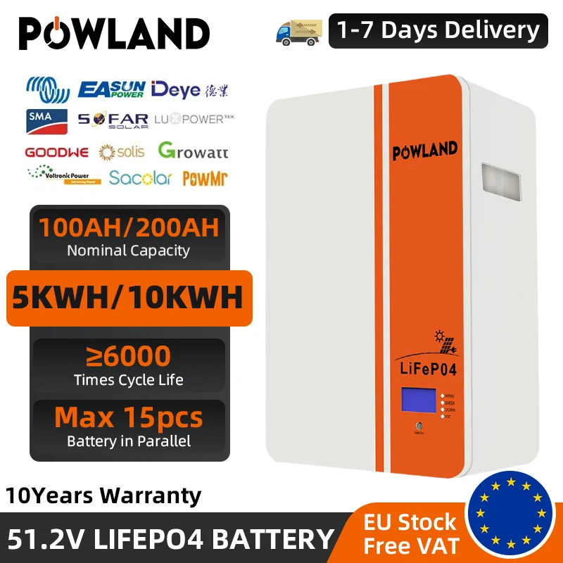 POWLAND 48V Powerwall 51.2V 200Ah 100Ah LiFePO4 Battery 6000+ Cycle CAN RS485 16S BMS 5KWH 10KWH For PV Solar Off/On Grid