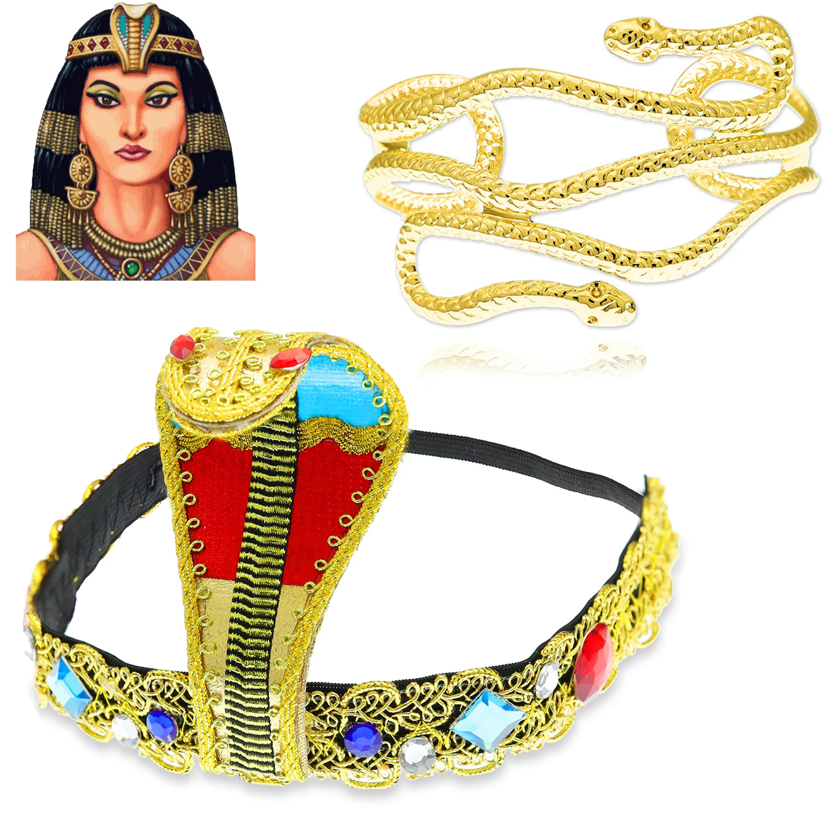 Women Snake Earring Bracelet Jewelry Halloween Cosplay Queen of Egypt Cobra Headwear Gold Beaded Pharaoh Sequin Hair Accessories