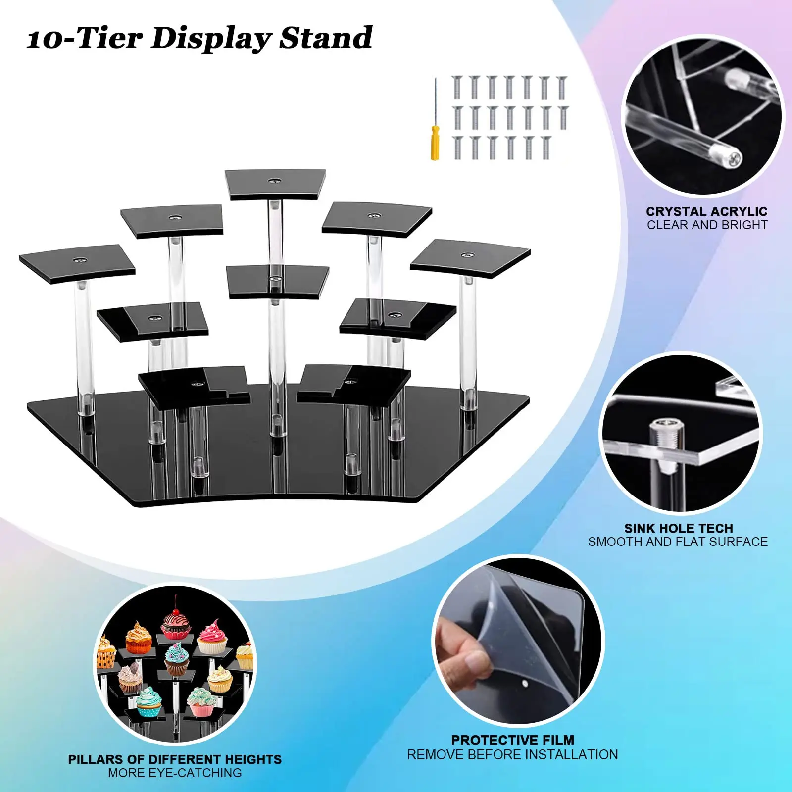 Acrylic Display Stands,10-Tier Action Figure Display Stand,Multilevel Acrylic Risers for Funko Pop Cupcake Dessert and Perfume