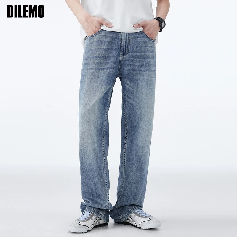 

Top Quality Lyocell Fabric New Brand Casual Fashion Loose Fit Stretch Jean Pants Straight Baggy Denim Trousers Men Clothes