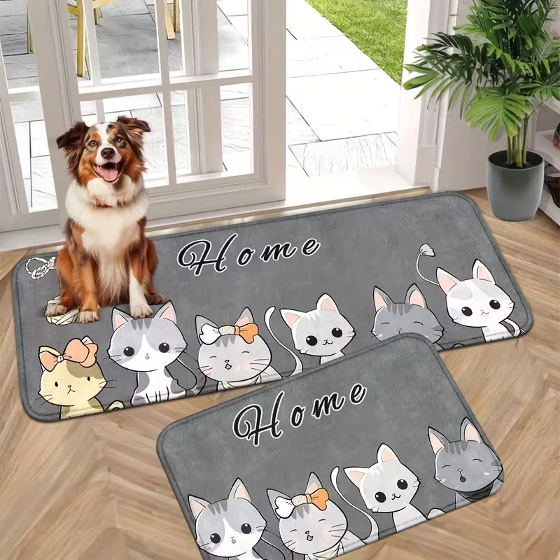 Kawaii Cat Family Küchenläufer, graue Bodenmatte mit „Home“-Zitat, 2D flach bedruckter, rutschfester Teppich zur Küchendekoration