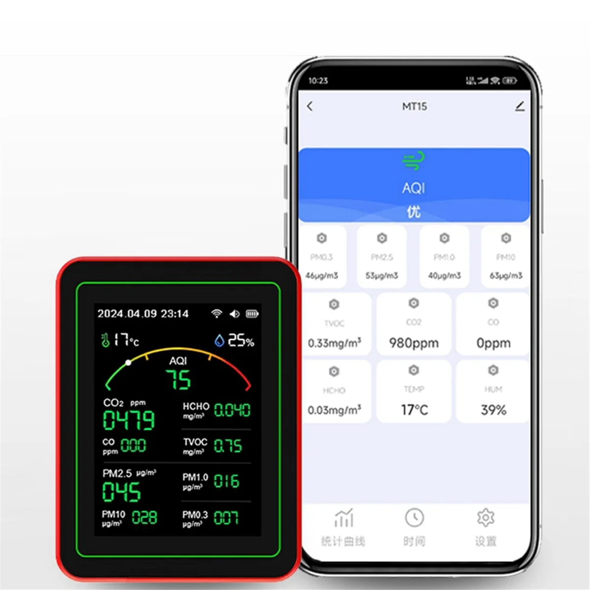 ABKO-Tuya WiFi 15 en 1 Detector de calidad del aire portátil para el hogar PM0.3 PM1.0 PM2.5 PM10 CO CO2 Tester con función de alarma