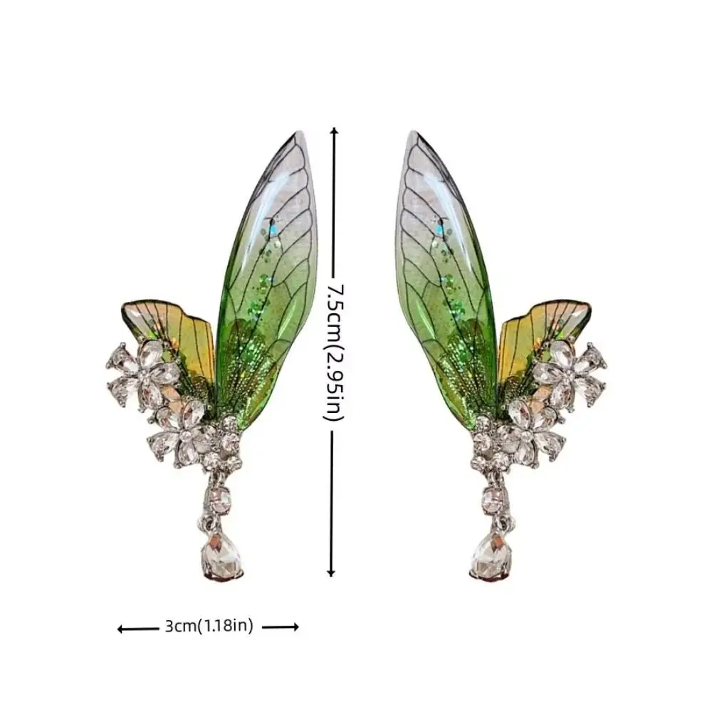 Sweet Exquisite Green Elf Ear Clip Transparent Rhinestone Butterfly Earrings Shiny Translucent Wings Ear Clip Party