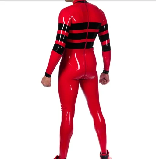 

100% Latex Rubber Schwarz&Rot Catsuit racing suit Kostüm Anzug Zip 0.4mm S-XXLCosplay,Masquerade