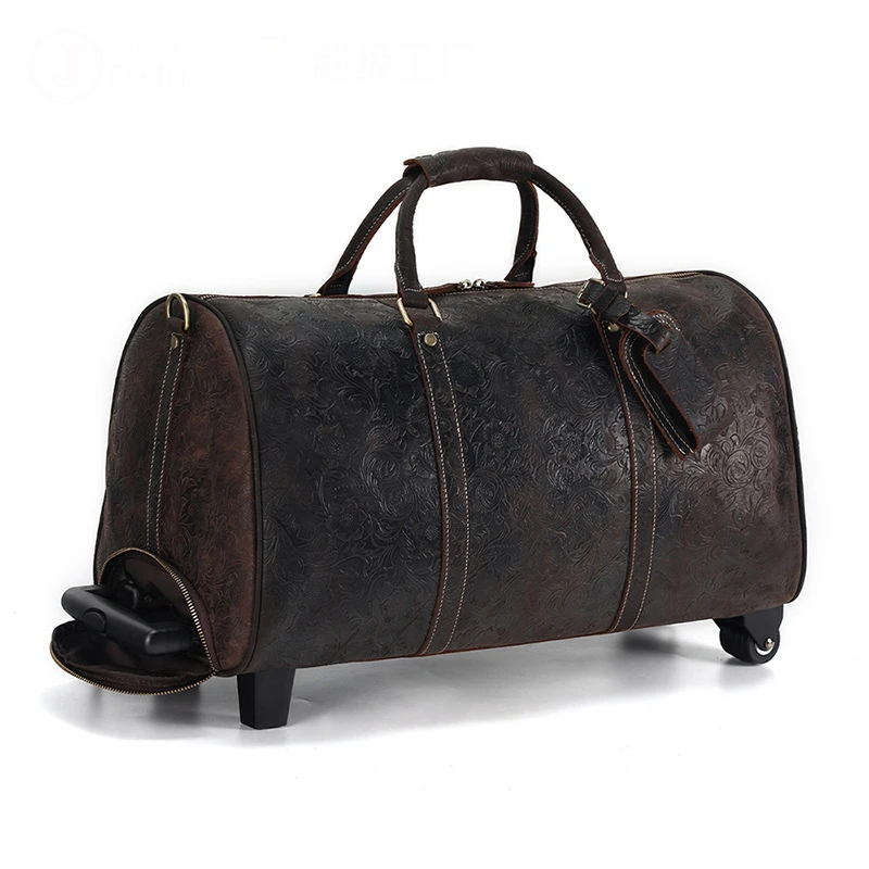 Genuine Leather Luggage Bags Trolley Bag With Wheels Vintage Style Leather Travel Handbag For Men Male Duffle Bags For Weekend