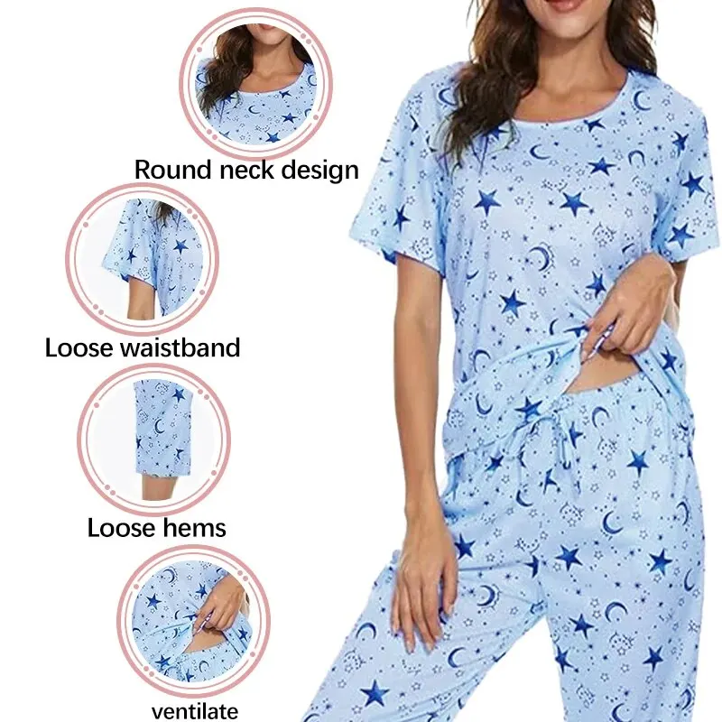 Ladies Casual Home Printed Pajama Set Short Sleeve Top Long Pants Casual Fun Printed Pajama Set