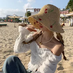 Summer Women Sun Hat Wide Brim Beach Straw Hand Crochet Cherry Hat for Women Girl Outdoor Fishing Sun Hats