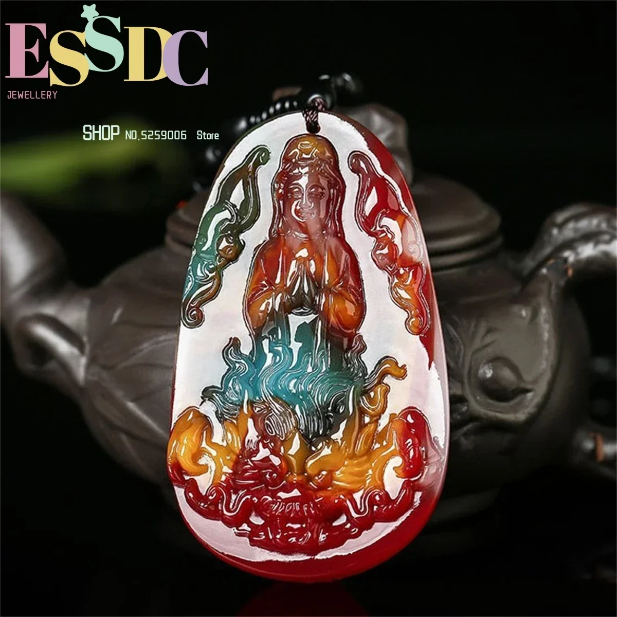 Xinjiang Gobi Colorful Jade Carving Dragon Riding Guanyin Pendant Fashion Bodhisattva Necklace Charm Jewelry Men's Amulet Gift