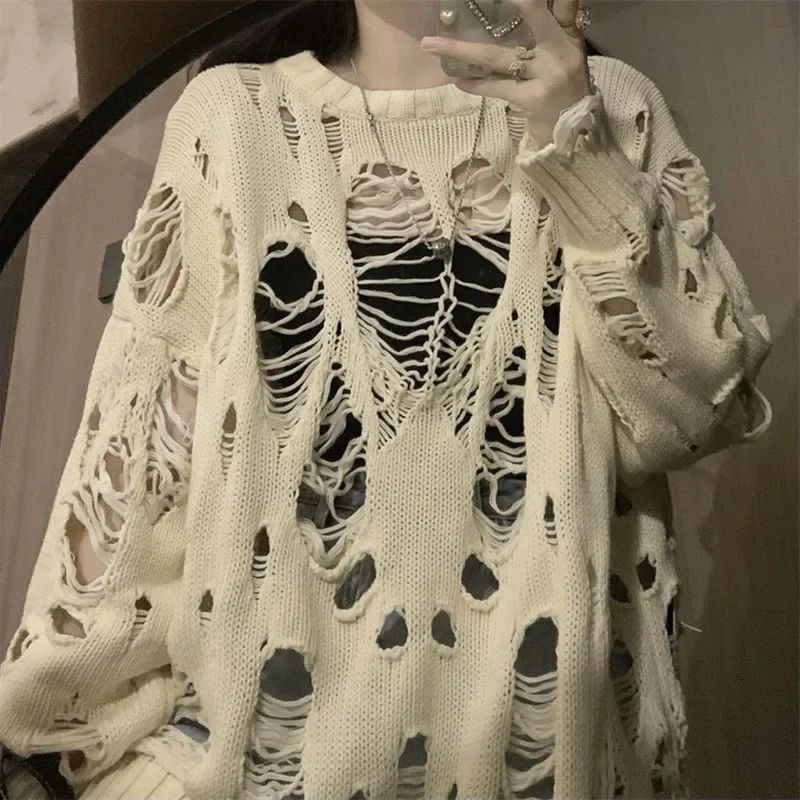 Y2K Hole Hollow Out Sweaters Women Harajuku High Street Loose Knitted Pullovers Woman 2024 Spring Summer Thin Sweater Tops