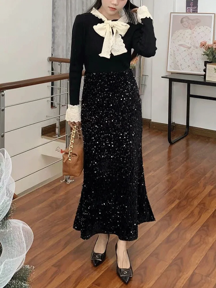 Gonna a coda fi con paillettes in velluto La Chapelle Gonna da donna autunno inverno Ele a vita alta di media lunghezza con diamanti scintillanti