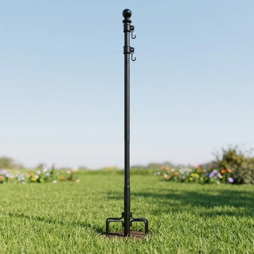 8FT Adjustable Sectional Flag Pole With 5 Prong Base Sturdy Steel Ground Mounted Outdoor Garden Yard Display Kit