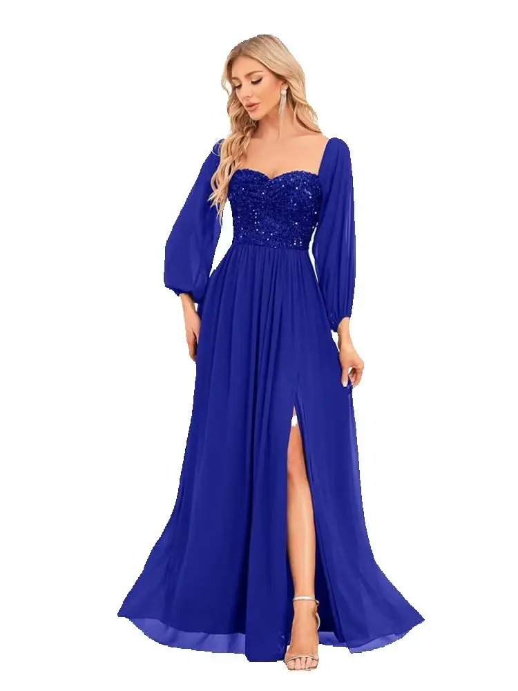 

Elegant Sweetheart Open Back Sequined Long Formal Evening Dress With Long Sleeves