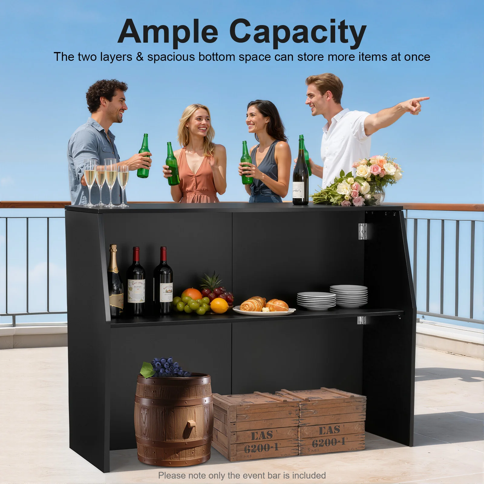 Czarna szafka barowa 47,75*19,5*42,75 cala, wolnostojąca przenośna barowa kuchnia mobilna, idealna na imprezy, pikniki, targi, wydarzenia firmowe.
