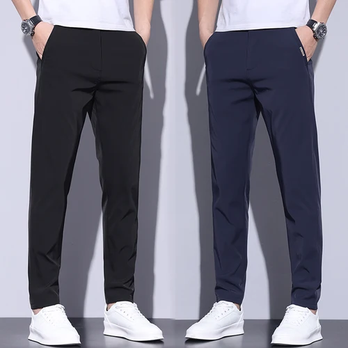 Pantalones rectos finos para hombre, pantalón informal, ajustado, elástico, cintura elástica, Color sólido, ropa de marca, Color café, verano, 2024