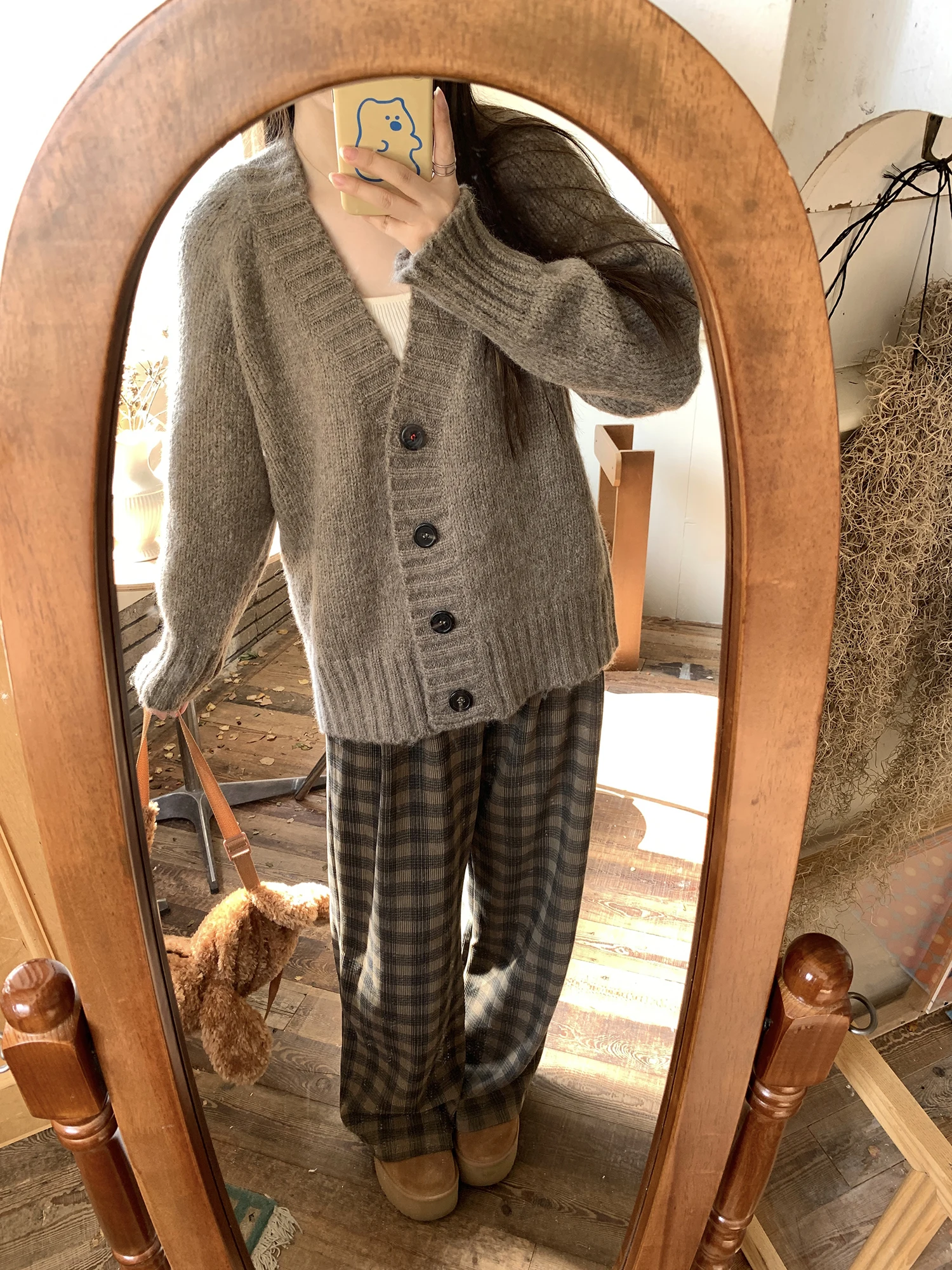 

Женский вязаный кардиган Xiao en Meimei Lazy Sle, коричневый, средней длины, с V-образным вырезом, для весны и осени, удобный, из хлопка