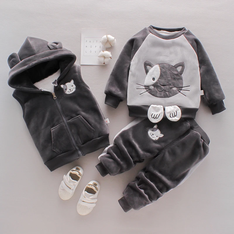 Kids Girls 3 Piece Fleece Lined Patchwork Cat Hoodie Vest Paw Pant Suit Children Warm Winter Set 80-120