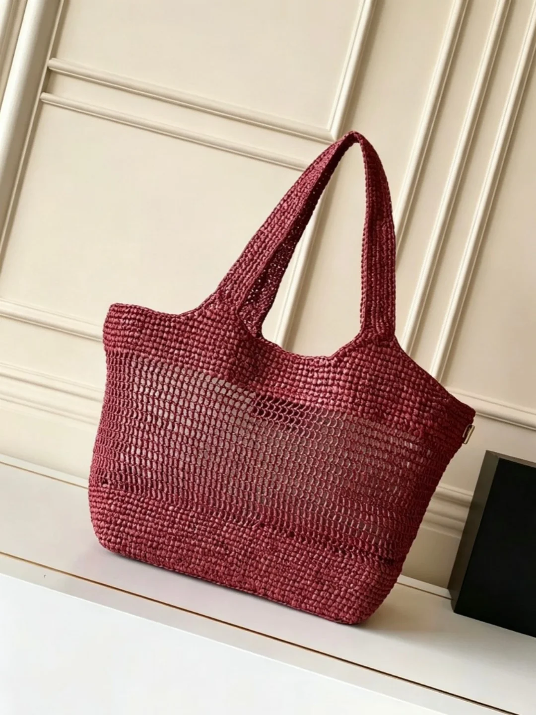 

Women's Handwoven Straw Tote Bag Large Capacity with Metal Handle Summer Vacation Beach Essential Casual Travel Handbag