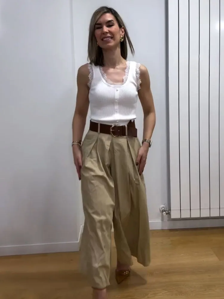 

HH Women's Elegant Pleated Belt Decoration Solid Wide Leg Pants Woman Casual Loose Side Zipper Fashion High Street Pants Mujer
