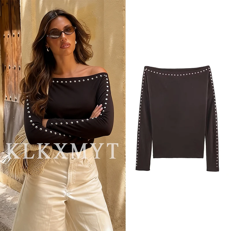 

Женская модная футболка, осень 2024, новая однотонная футболка с украшением из бисера, женская элегантная уличная футболка для отдыха