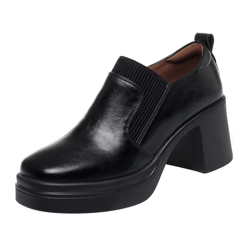 

6.5cm Comfortable Deep Mouth Soft Leather Loafers THick Platform Shoes 2026 Spring Fall Block Heel Shoes Stretch for Office Mom