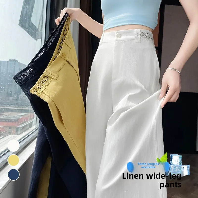 

Summer Women's Wide Leg Pants Thin Ice Silk Sun Protection Casual High Waist Straight Tube Floor-Length Trousers Linen Material