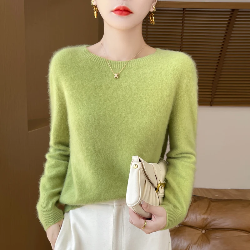 Fall/Winter 2024 New 100% Merino Wool O-neck Long Sleeve Solid Color Loose Knitted Pullover Knitted Bottom Shirt Sweater