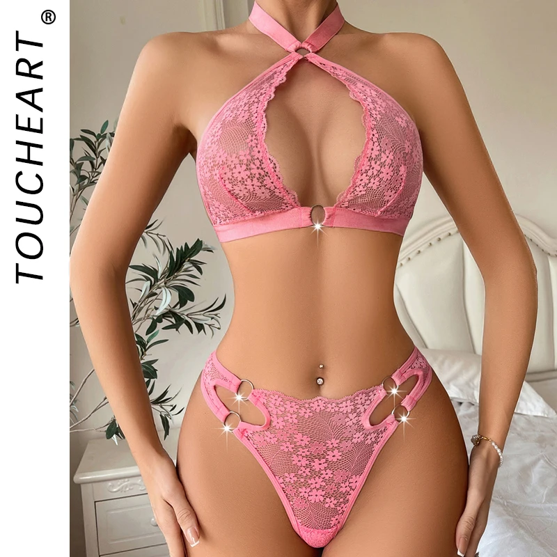 Toucheart 2 Pieces Lingerie Set Sexy Floral Lace Triangular Cup Transparent Halter Women's Underwear Erotic Deluxe Lingerie Set