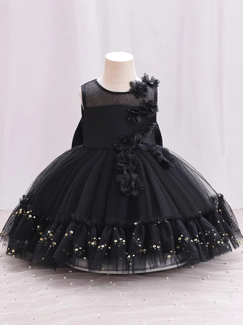 Baby Dress New Style Birthday Party Wedding Flower Girl Evening Dress Elegant Sequin Rose Flower Girl Princess Dress