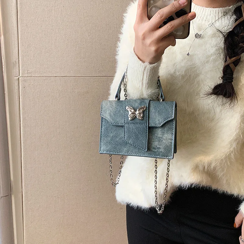 Vintage Blue Cute Butterfly Ladies Handbag Girls New Fashion Mini Square Bag Premium Hundred Chain Shoulder Crossbody Bag Car St