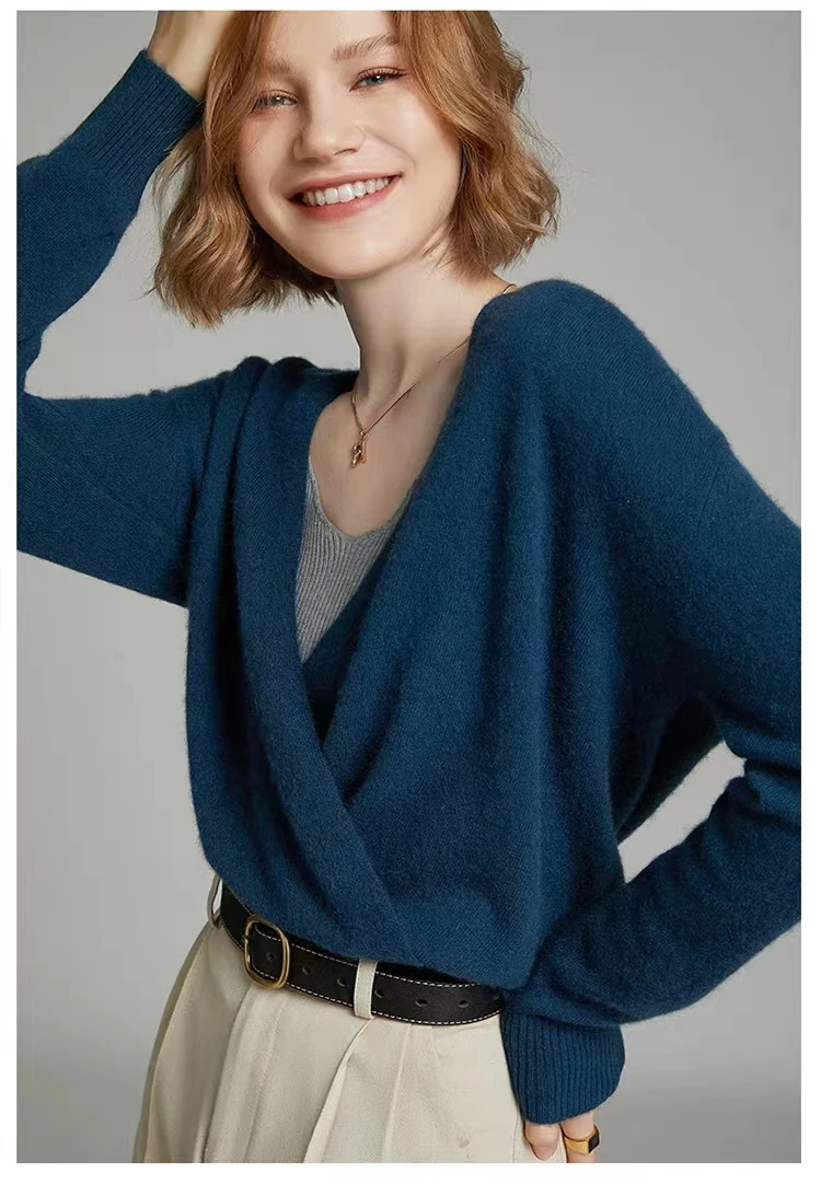 2025 Novo design com fivela de pescoço cruzado cor sólida duas roupas femininas suéter básico de lã cardigã de malha