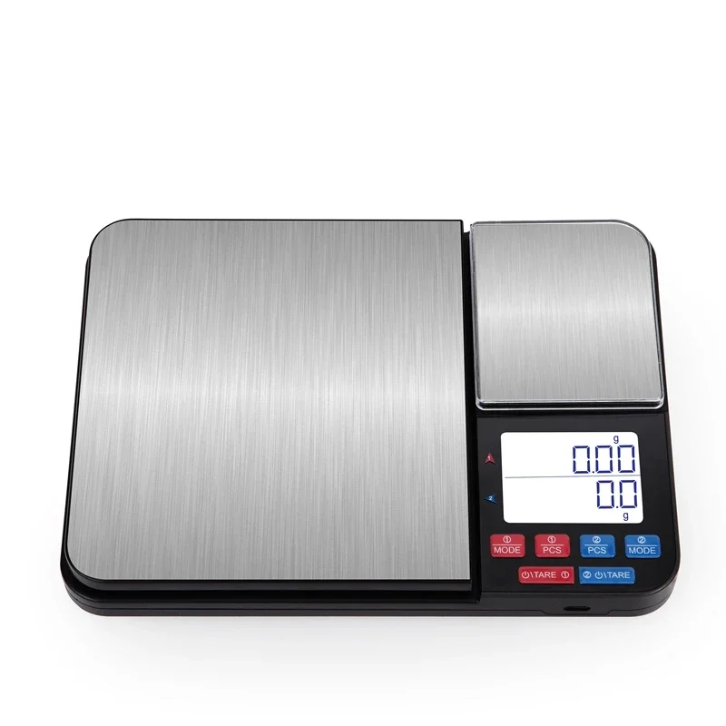 Digitale Küchenwaage mit Doppelplattform, 5 kg x 0,1 g, 500 g x 0,01, präzises LCD-Display, Edelstahl, Kochen, Backen, Lebensmittel, USB-Gewichtswerkzeuge