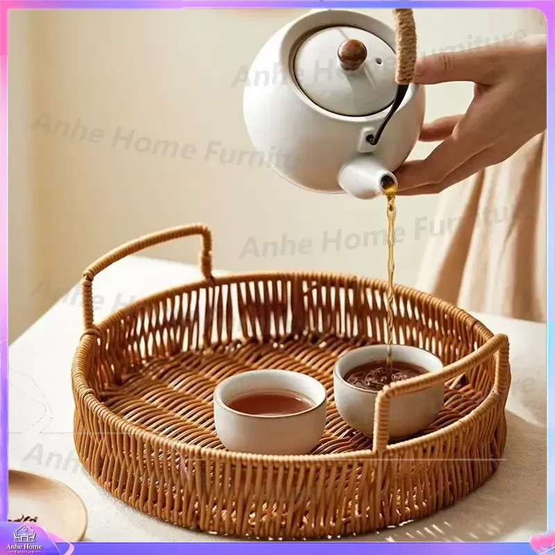Handwoven Rattan Storage Basket Wicker Organizer Tray for Desktop Snacks Dried Fruit Wedding Decor Home Kitchen Bowl Plate
