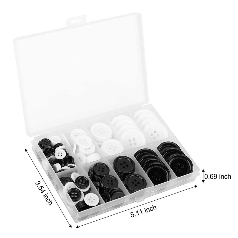 160Pcs Flatback Round Sewing Buttons with Storage Box Black White 4-Hole 5 Sizes Shirt Clothing Resin Buttons for Sewing Crafts