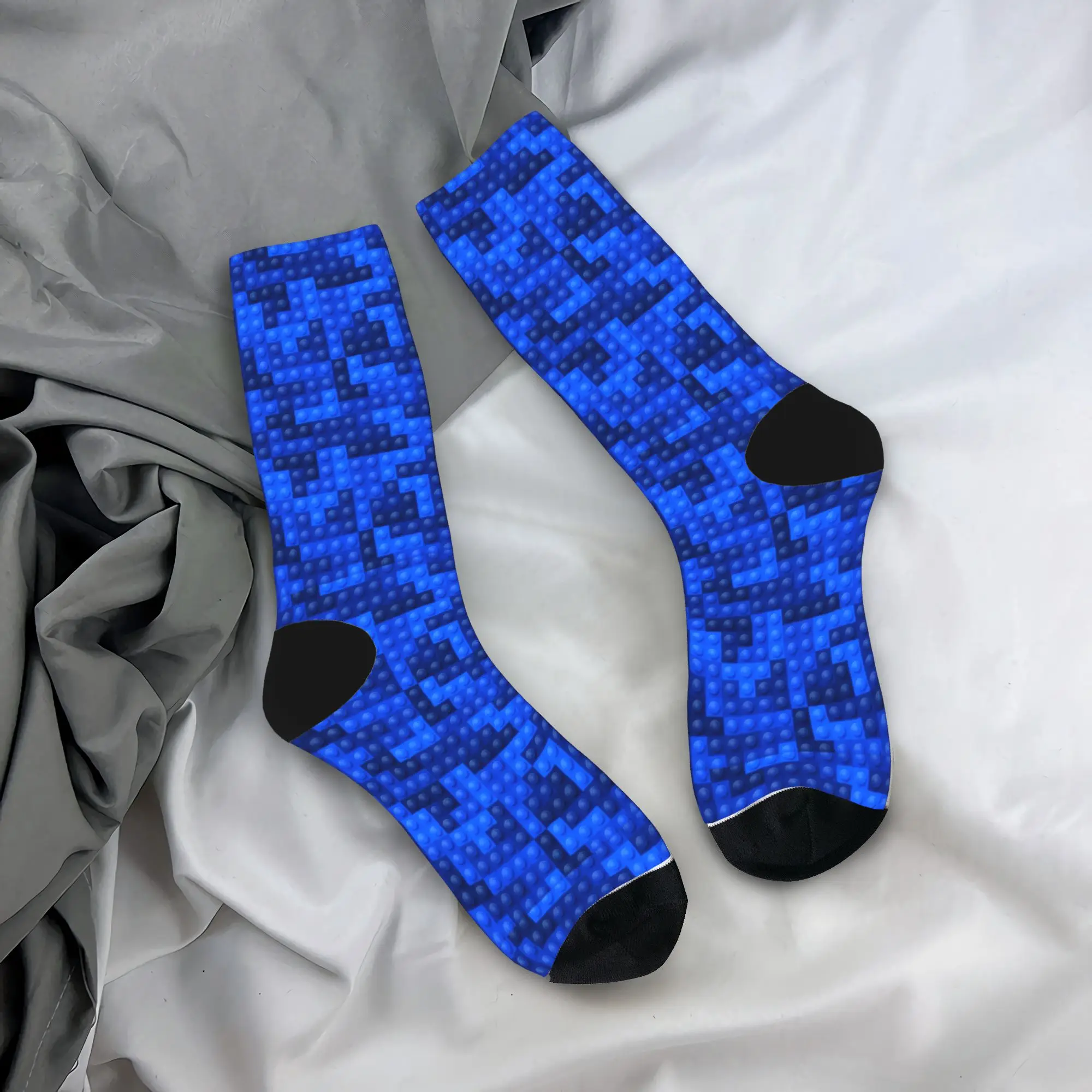 Men Socks Blue Gradient Building Blocks Pattern  Stockings Anti Sweat Comfortable Socks Autumn Casual Pattern Skateboard Socks