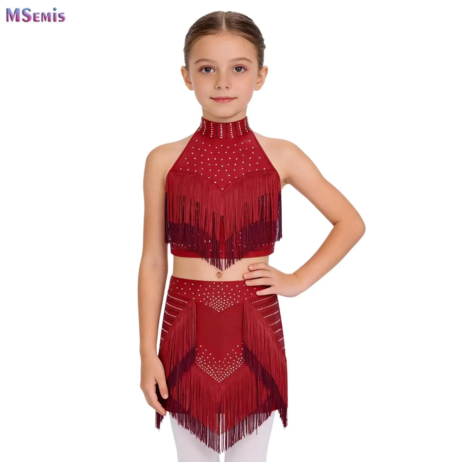 

Kids Girls Tassel Dance Set for Lyrical Latin Samba Cha-cha Dance Performance Sleeveless Backless Crop Top with Skirt Outfits