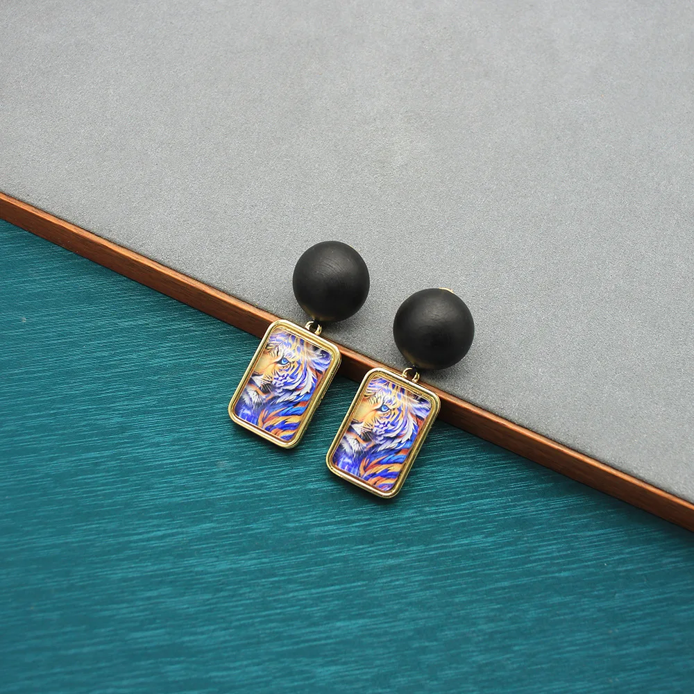 Vintage Resin Blue Flame Tiger Stripe Earrings Square Wooden Black-Gold Color Animal Dangle Jewelry Birthday Gifts for Women